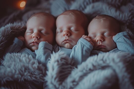 Close up of the tiny feet of newborn triplets resting together, capturing a heartwarming and tender moment. The soft and delicate nature of baby skin is highlighted