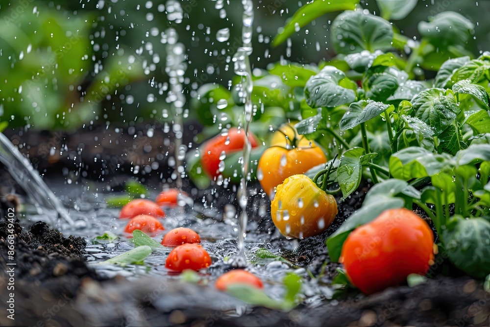 Poster a garden with a stream of water running through it and a bunch of tomatoes. the tomatoes are in vari