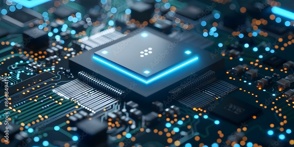 Poster illuminated computer chip on circuit board with blue lights and green glow. concept technology, comp