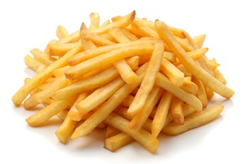 There is a heap of French fries placed on a plain white surface