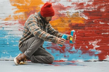 A street artist with vibrant spray cans creating a colorful mural on a brick wall. The image captures the essence of street art and the dynamic energy of urban creativity.