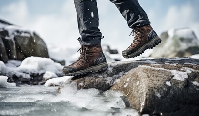 Hiking boots on a rock in a winter landscape with frozen river
