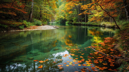Obraz premium A tranquil river winding through a dense forest, with vibrant autumn leaves reflecting in the calm waters.