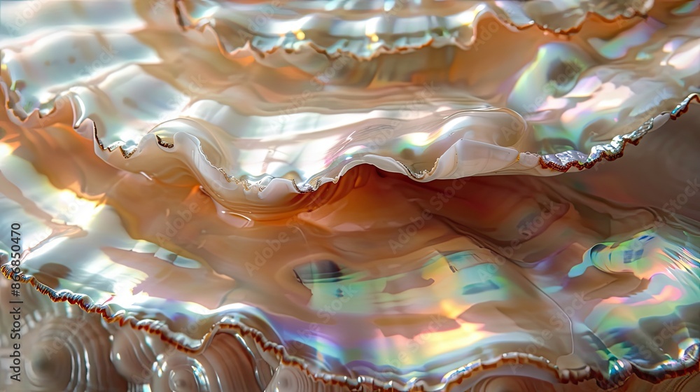 Poster a shell with a rainbow pattern on it. the shell is made of a material that reflects light, creating 