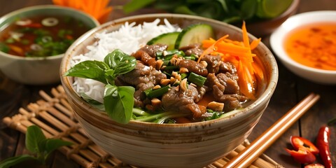 Delicious Vietnamese Com Tam rice dish with authentic flavors. Concept Vietnamese cuisine, Com Tam rice dish, Authentic flavors