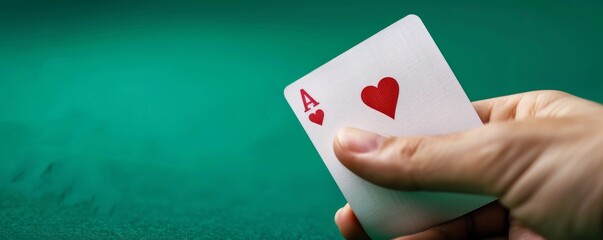 Hand holding ace of hearts playing card with green background
