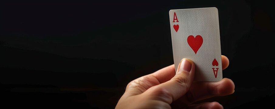 Hand holding ace of hearts playing card with dark background, champion concept
