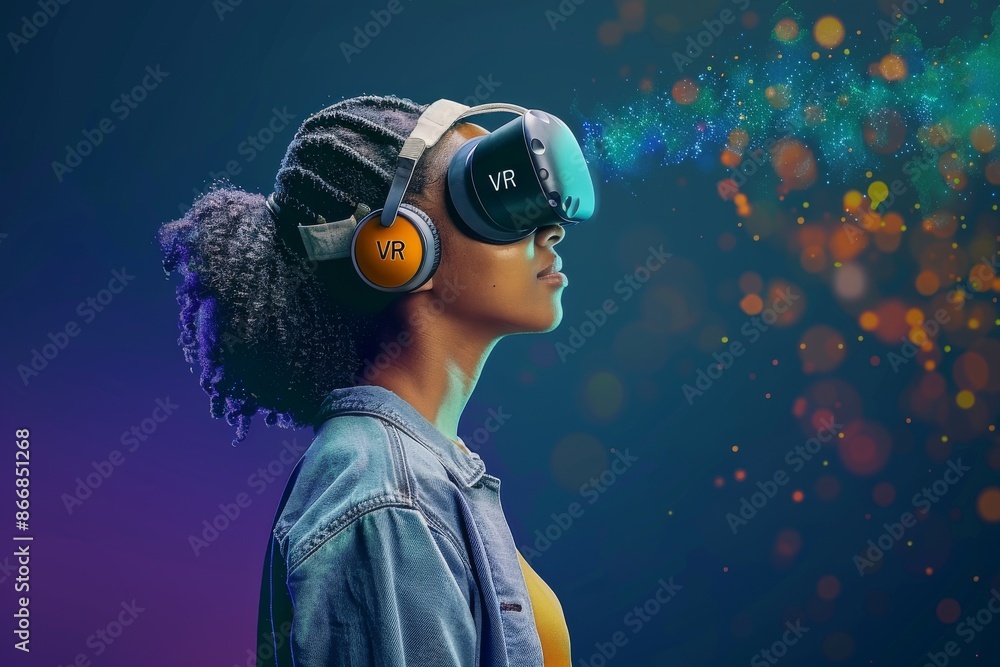 Sticker woman using vr headset in colorful environment with digital effects