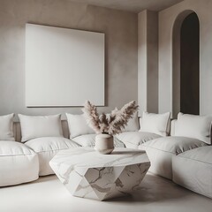 mockup poster frame in modern interior background, Room, interior, sofa, bedchamber, 3D render, living room furniture, home, Scandinavian style, furniture, home, design, couch, house3D illustration 