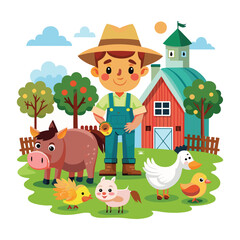 Cartoon farmer and farm animals in the barnyard vector