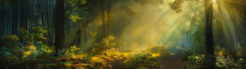beautiful forest scenery with sunbeams shining through the canopy, created with generative AI technology