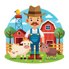 Cartoon farmer and farm animals in the barnyard vector