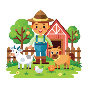 recommend clip art: Cartoon farmer and farm animals in the barnyard vector