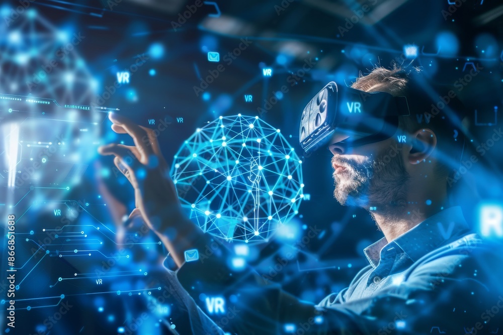 Aufkleber man using vr headset for holographic interaction in high tech environment