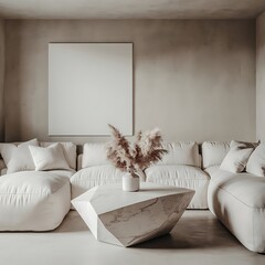 mockup poster frame in modern interior background, Room, interior, sofa, bedchamber, 3D render, living room furniture, home, Scandinavian style, furniture, home, design, couch, house3D illustration 