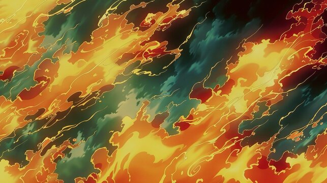   A close-up of a fiery pattern with vibrant oranges and yellows adorning the bottom of the image, accompanied by a rich red and yellow hue at the very