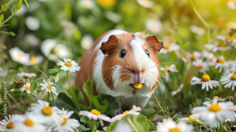 Canvas Prints Guinea Pig Enjoying a Snack in a Field of Daisies