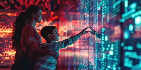 A family with advanced technology interacts in a cuttingedge holographic display within a virtual environment AIG62