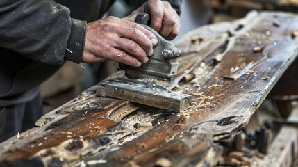A man is sanding a piece of wood with a sander. The wood is rough and has some splinters. The man is wearing a black jacket and has his hands on the sander