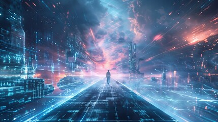 Digital Cityscape A Lone Figure on a Futuristic Pathway
