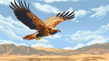 Obraz premium A majestic eagle soars above a vast desert landscape with mountains and blue skies in the background.