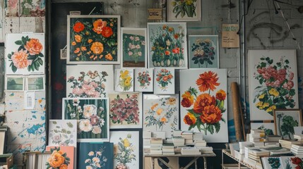Fototapeta premium A display of greeting cards and posters with oily floral designs, set against an artistic backdrop