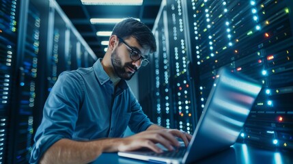 IT Specialist Working On Laptop In Server Room