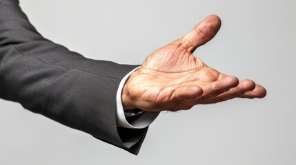 Hand reaching out in business suit on white background, open gesture. Business communication concept