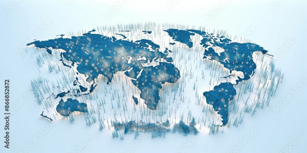 Poster image of stylized world map in blue with a 3d effect on a white background. concept of global connec
