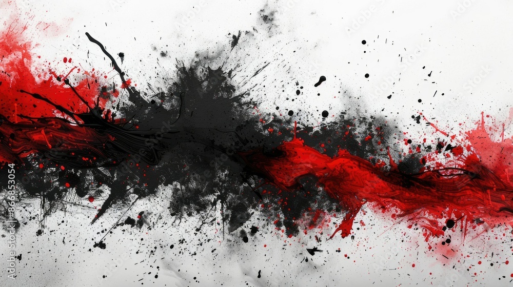 Poster a striking abstract image featuring dynamic black and red ink splashes blending on a white backgroun