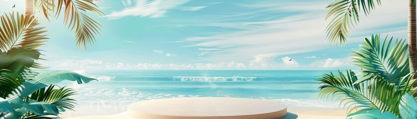 Obraz premium Tropical Beach Podium Mockup with Ocean and Palm Trees