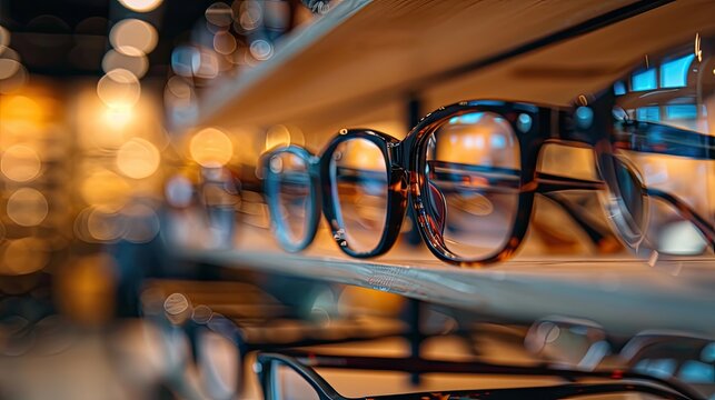 A row of eyeglasses on a shelf. The glasses are of different styles and colors. Concept of variety and choice, as the viewer can see many different options to choose from