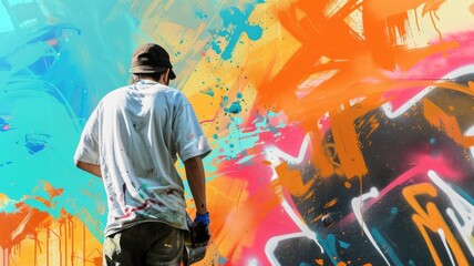 Young artist painting colorful graffiti on a vibrant wall, expressing creativity.