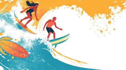 Energetic young surfers riding the waves with bright, vibrant surfboards.