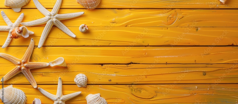 Sticker Bird's-eye view of yellow and orange wooden backdrop adorned with starfish, shells, and conchs, symbolizing a summer getaway, with space for text.