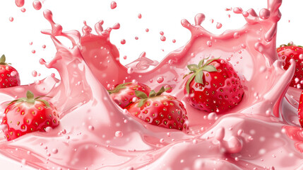 Fresh Strawberries Splashing in Pink Milk  isolated on white background, Png file