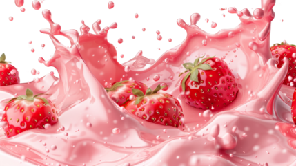 Fresh Strawberries Splashing in Pink Milk  isolated on white background, Png file