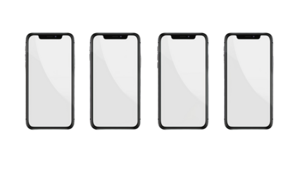 Four Black Smartphones With White Screens Isolated on White Background, Png File