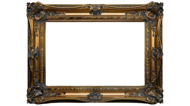 Ornate Golden Picture Frame Isolated on White Background, Png File