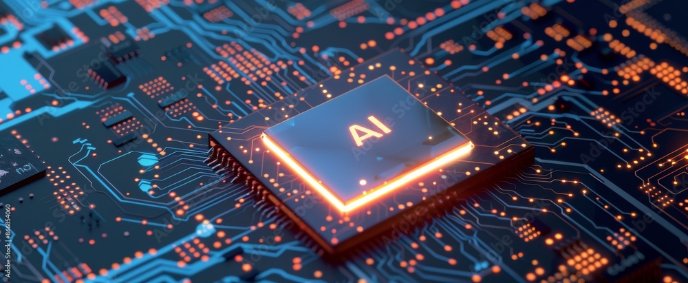 Poster ai chip on a circuit board with glowing lines