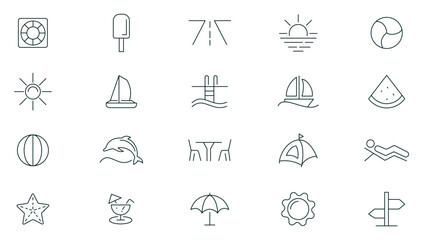 Summer vacation Editable line Icon set. Travel, sea, surfing, beach, hotel, airport, tickets, tour, relax outline icon collection. UI thin outline icons pack.