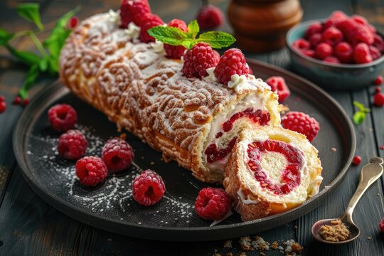 A slice of cake with raspberries on top. The cake is cut in half and has a spoon on the right side