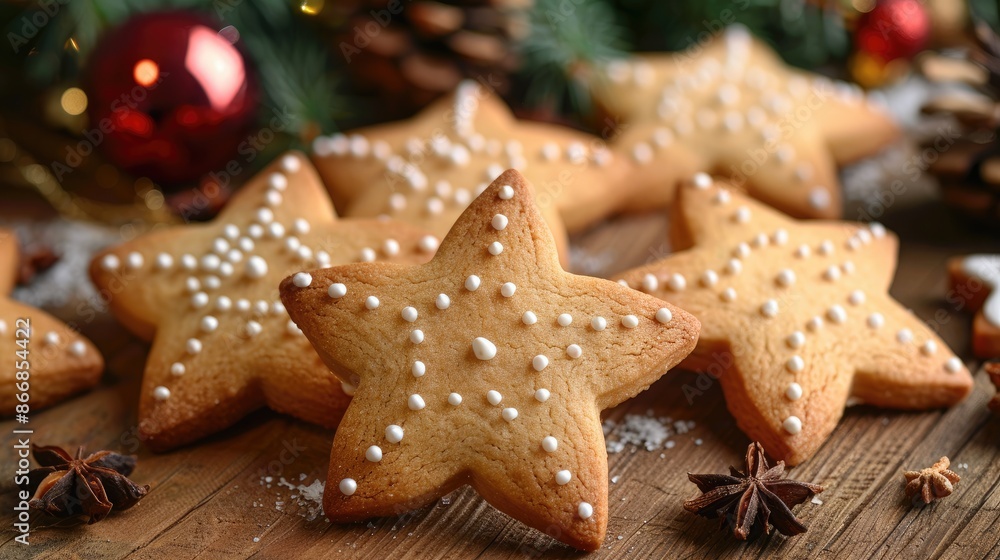 Poster a row of decorated cookies with white icing and sprinkles. the cookies are arranged on a wooden tabl