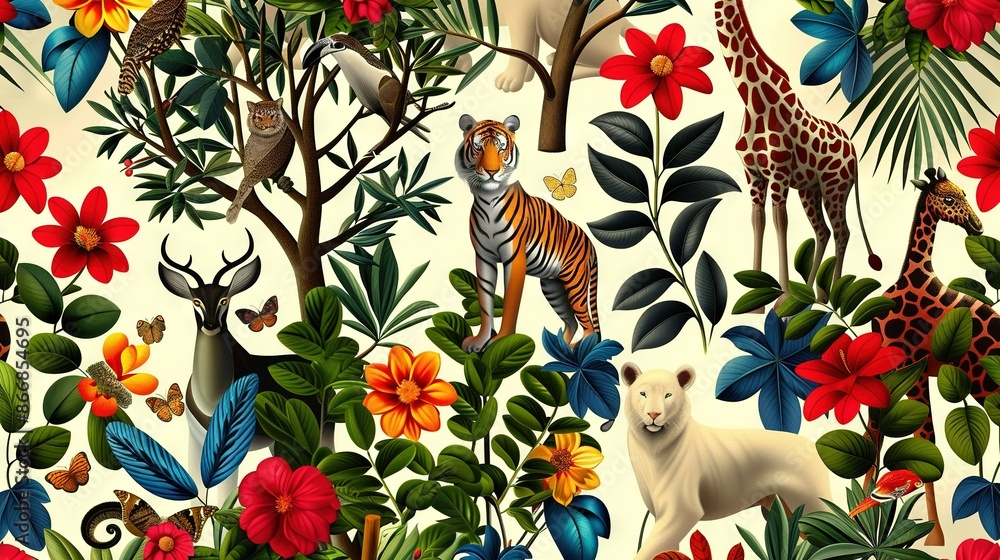 Sticker white tiger, tiger, giraffe, and other wild animals surrounded by lush greenery in a tropical enviro