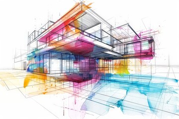 Outline drawings of colorful abstract modern urban buildings and architecture line art illustration on white background