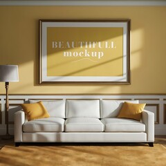 mockup poster frame in modern interior background, Room, interior, sofa
, bedchamber, 3D render, 
, living room, Scandinavian style, furniture, home, design, couch, house3D illustration 
