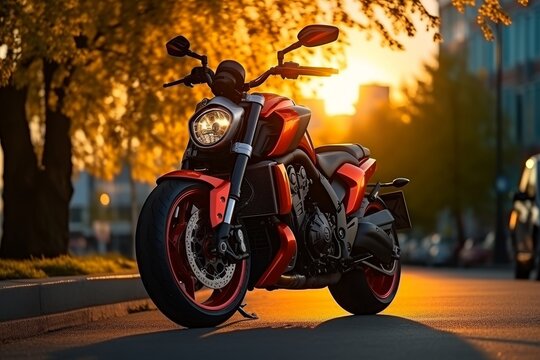 Motorcycle parked on the roadside with a selective focus capturing the stunning sunset scenery