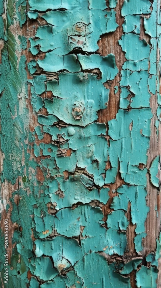 Poster turquoise paint is peeling off an old plank of wood, creating an interesting distressed background t