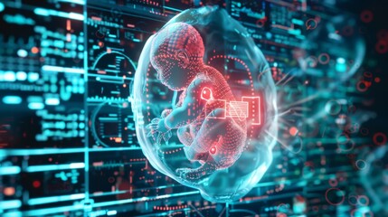 A digital illustration of the potential future advancements in test tube baby reproduction, with holographic displays