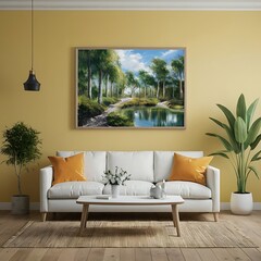mockup poster frame in modern interior background, living room, Scandinavian style, furniture, home, design, couch, house3D illustration, Room, interior, sofa
, bedchamber, 3D render, 
